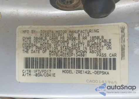 2013 Toyota Corolla S from USA, damaged, VIN 5YFBU4EE5DP134801